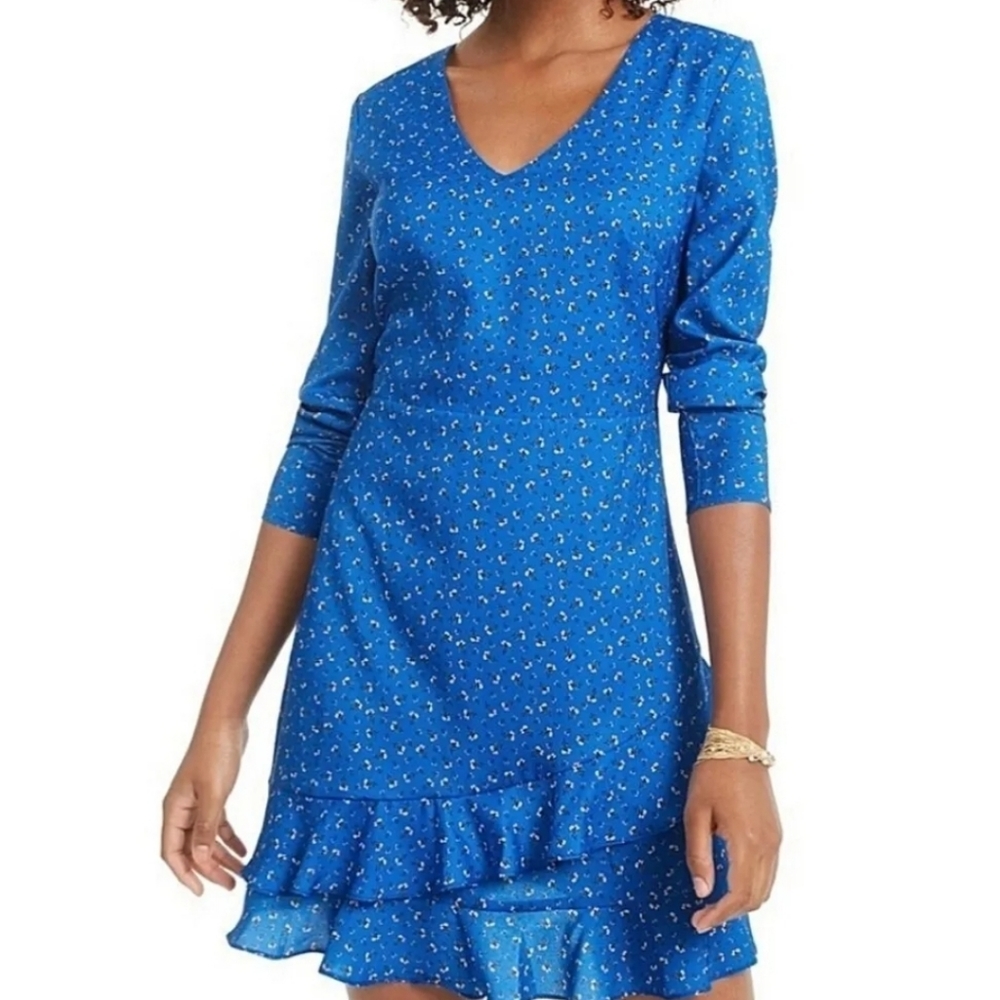 Material Girl Juniors Blue Ditsy Printed Ruffle Dress Long Sleeve V Neck Medium